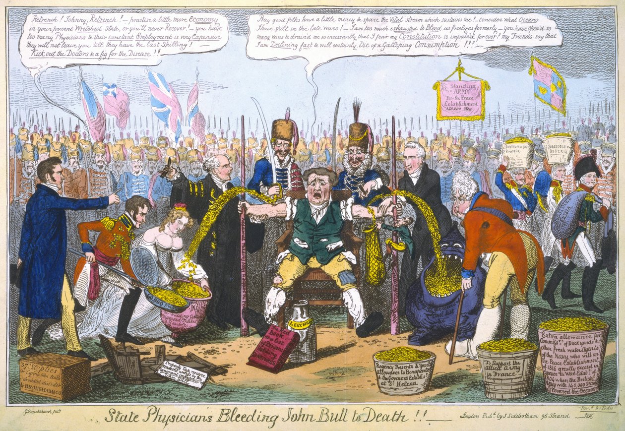 Médicos Estaduais Sangrando John Bull à Morte !! 1816 (gravura colorida à mão) de George Cruikshank