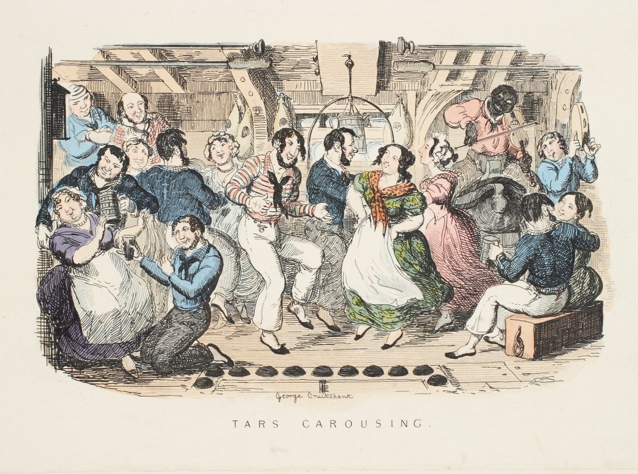 Tars Carousing, de &39;Canções, Naval e Nacional: Do final Charles Dibdin&39;, pub. 1841 (gravura colorida à mão) de George Cruikshank
