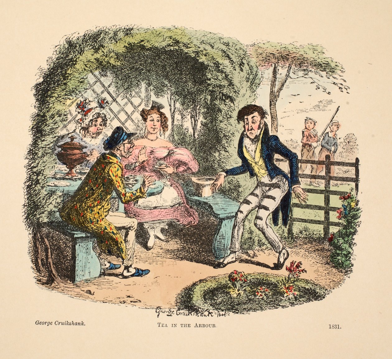 Chá no Arbor, pub. 1831 (gravura colorida à mão) de George Cruikshank