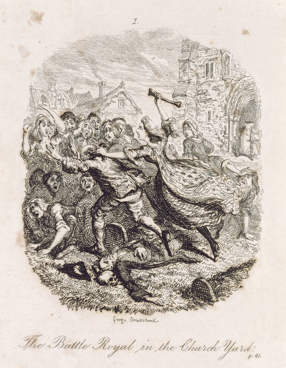 A batalha real na jarda da igreja, de "Tom Jones, a história de um Foundling", gravado pelo artista, ilustração de "os trabalhos de Henry Fielding", bar. por Henry G. Bohn, 1853 de George Cruikshank
