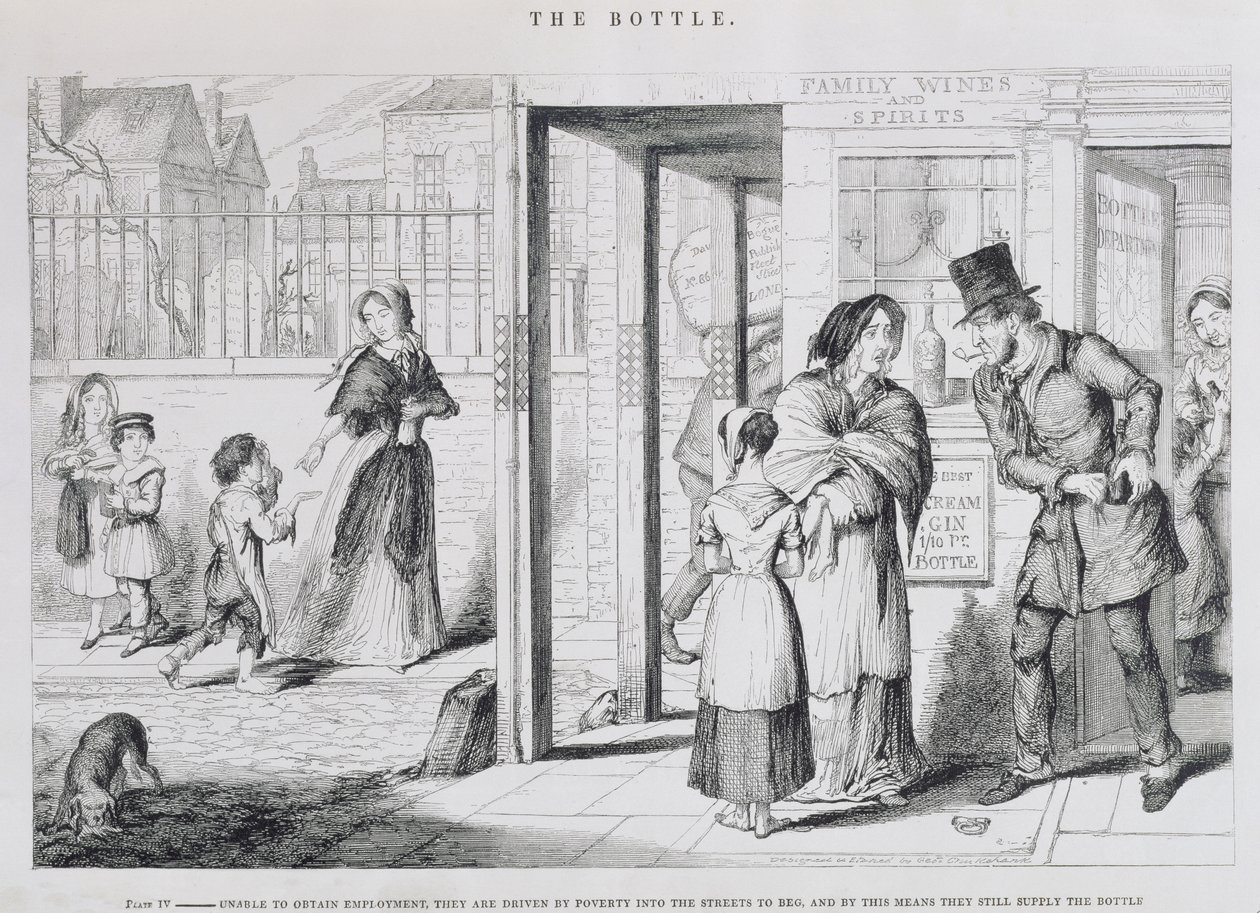 A garrafa, placa IV, incapaz de obter emprego, eles são levados pela pobreza para as ruas para implorar, e por este meio eles ainda fornecem a garrafa, 1847 de George Cruikshank