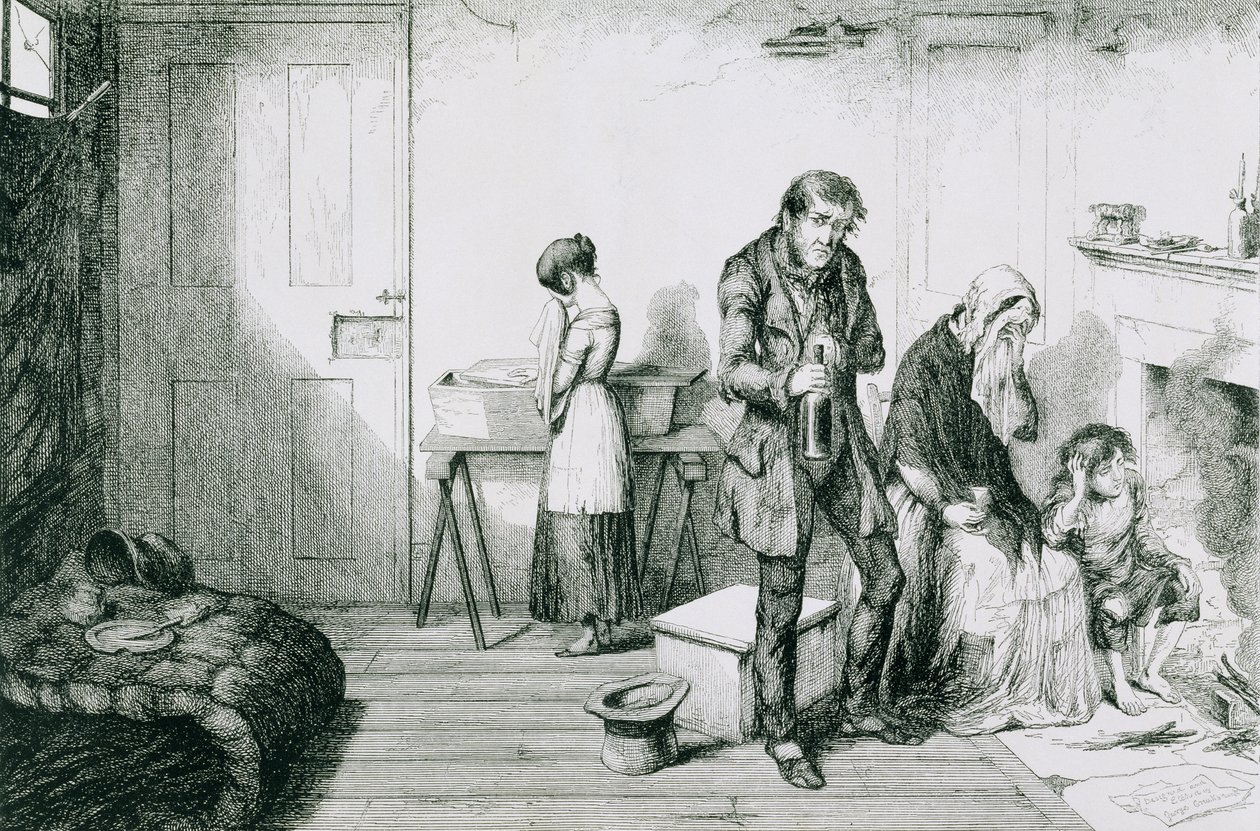 A garrafa, placa V, frio, miséria e quer destruir seu filho mais novo: eles se consolam com a garrafa, 1847 de George Cruikshank
