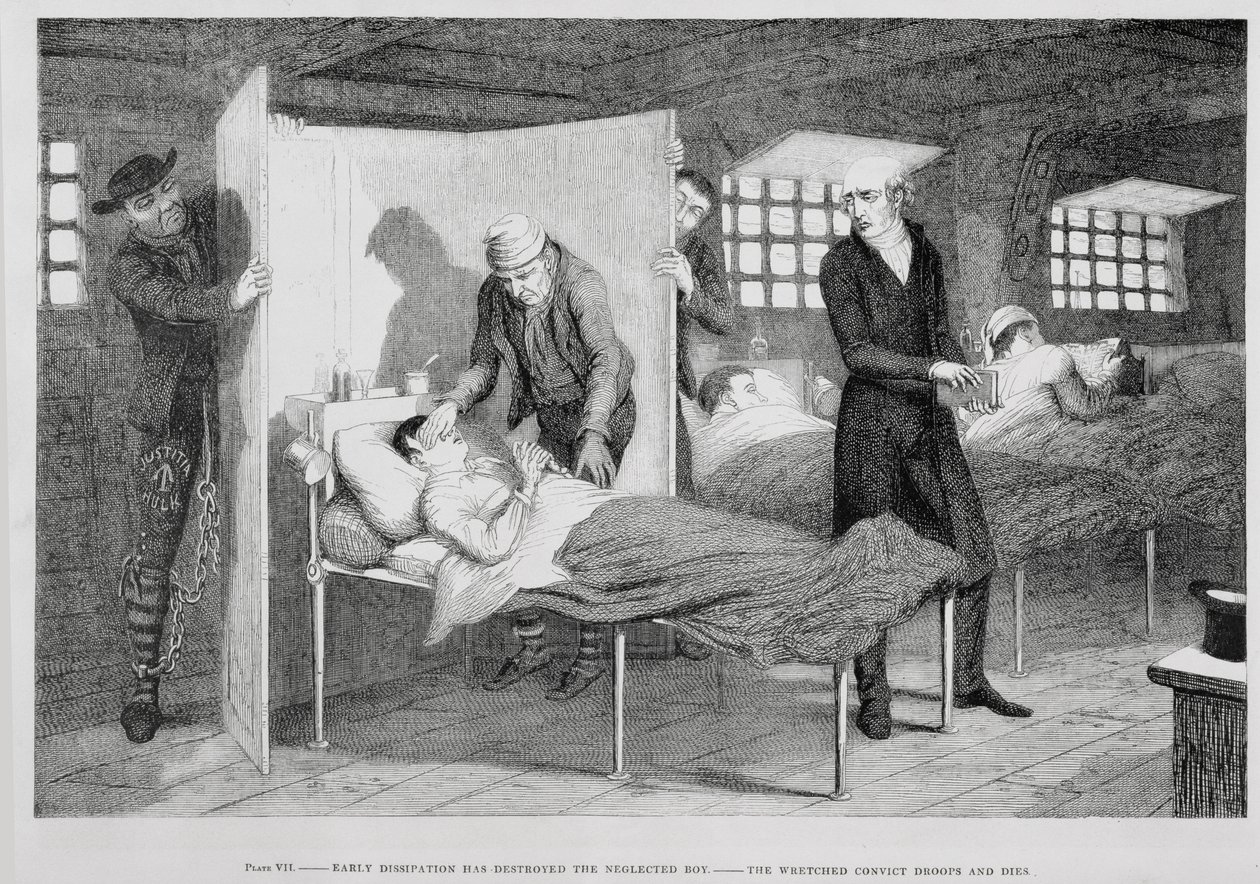 O menino morre no navio de transporte, placa 7 de &39;The Bêbado&39;s Children&39;, 1848 de George Cruikshank