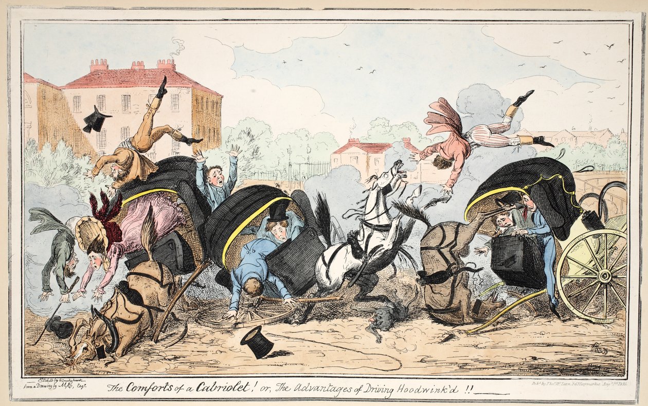 Os Confortos de um Cabriolet - ou - As Vantagens da Condução Hoodwinkd, pub. 1835 (gravura colorida à mão) de George Cruikshank