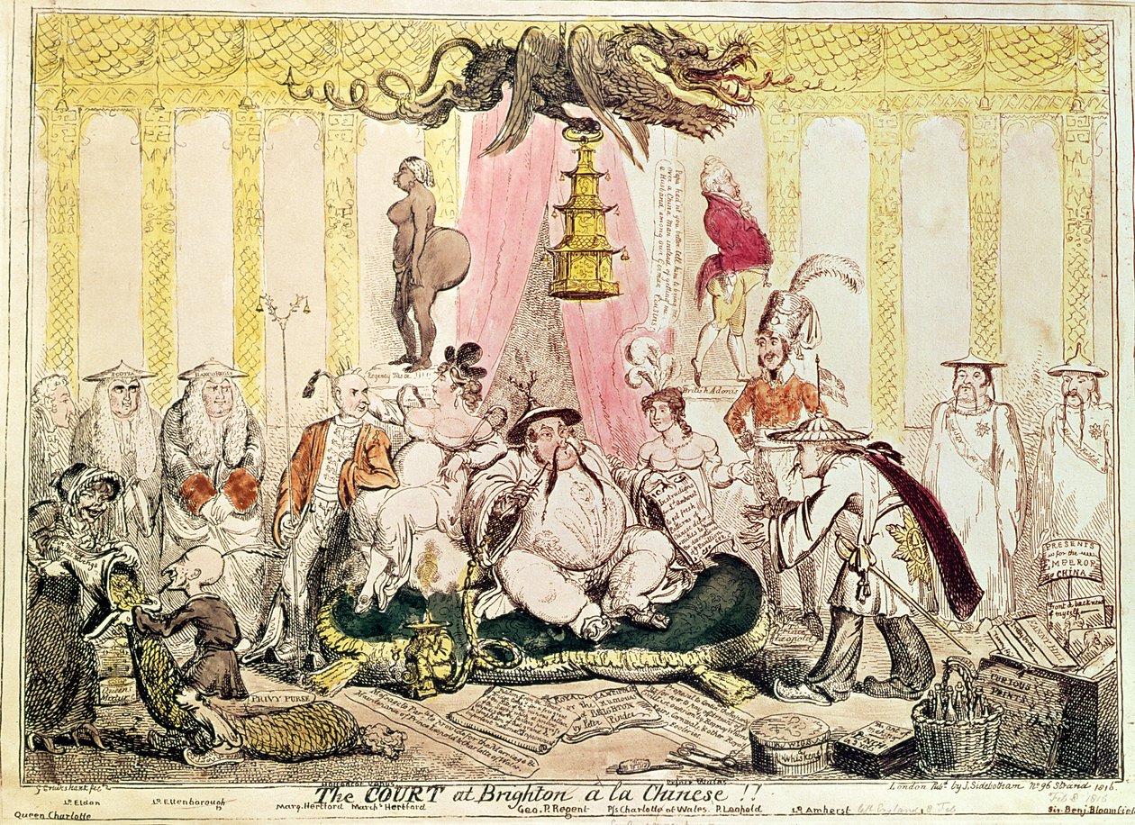 O Tribunal em Brighton a la Chinese, 1816 (gravura colorida à mão) de George Cruikshank