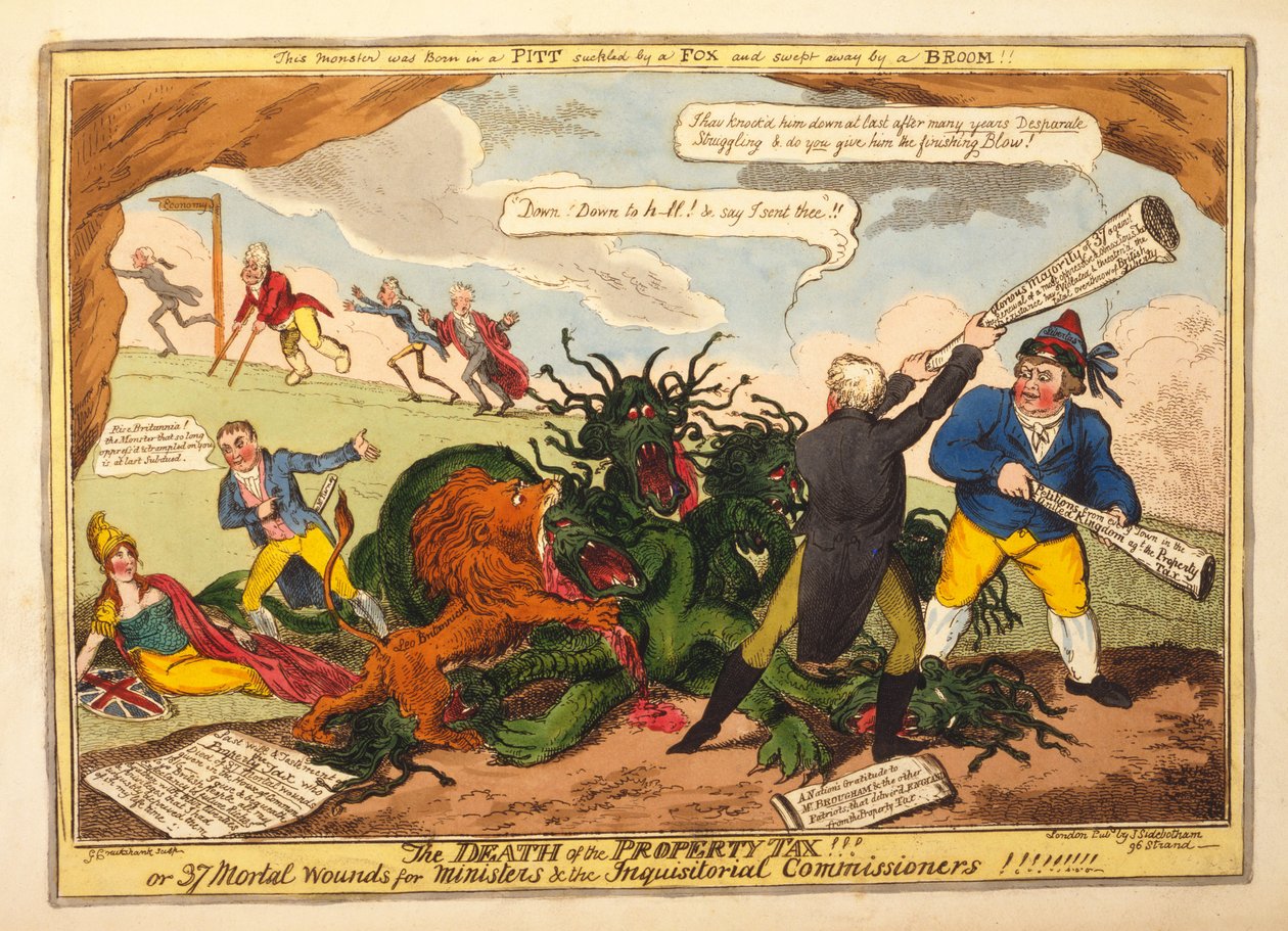 A morte do imposto sobre a propriedade !! ou 37 Feridas Mortais para Ministros e Comissários Inquisitoriais, pub. 1816 (gravura colorida à mão) de George Cruikshank
