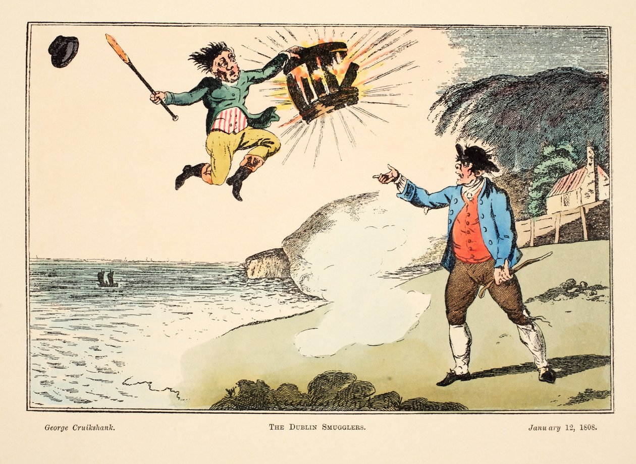 The Dublin Smugglers, 1808 (gravura colorida à mão) de George Cruikshank
