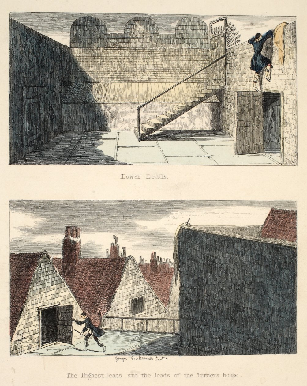 The Escape No. 3, ilustração de Jack Sheppard: Um Romance de William Harrison Ainsworth, publicado em 1839 (gravura colorida à mão) de George Cruikshank