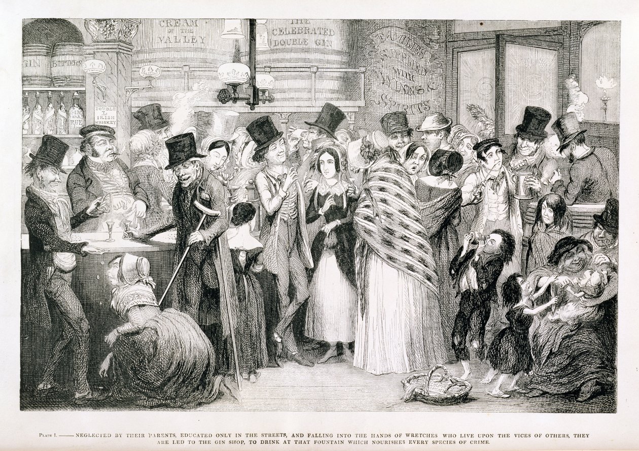 O Gin Shop, prato 1 de &39;The Bêbado&39;s Children&39;, 1848 de George Cruikshank