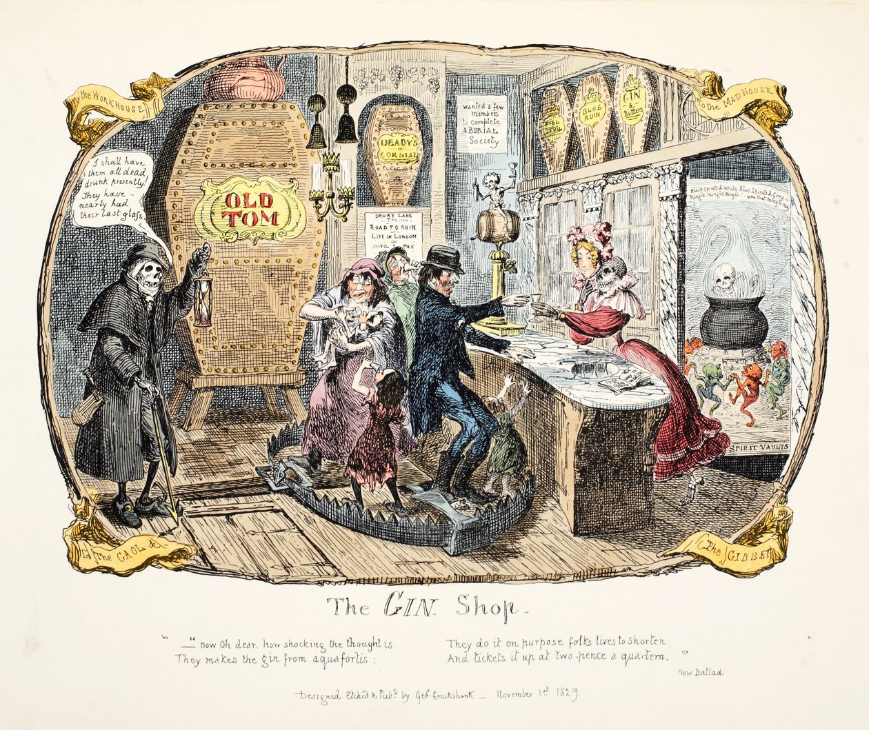 O Gin Shop, pub. 1829 (gravura colorida à mão) de George Cruikshank