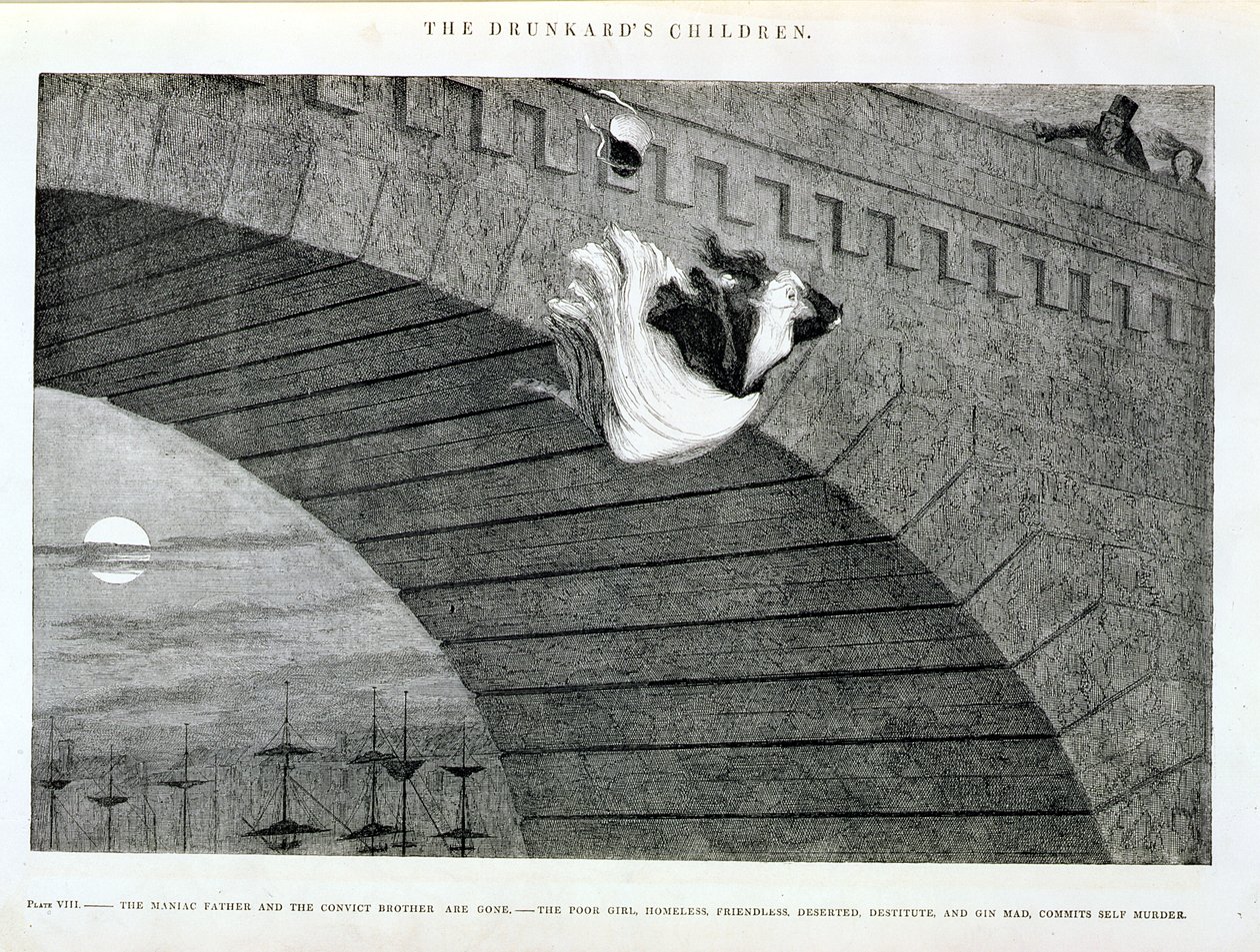 A garota gata enlouquecida comete suicídio, placa 8 de &39;The Bêbado&39;s Children&39;, 1848 de George Cruikshank