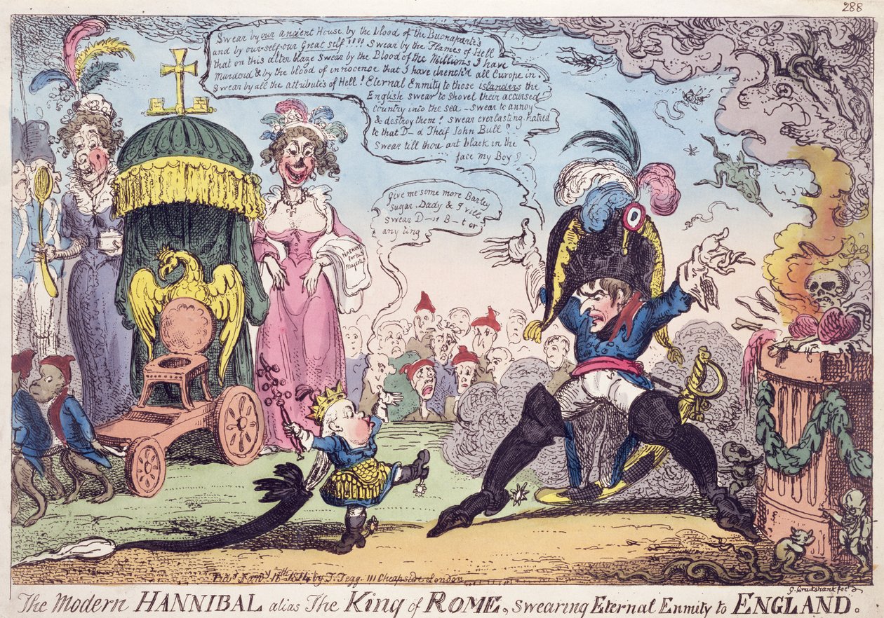 O rei de Roma, 1814 - desenho animado mostrando Napoleão e seu filho, Napoleão II (1811-32), Roi de Roma de George Cruikshank
