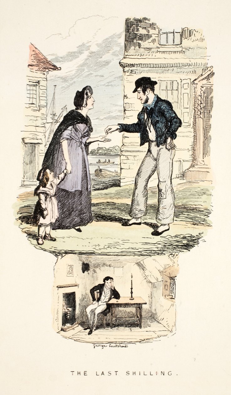 O Último Xelim, de &39;Canções, Naval e Nacional: Do Tarde Charles Dibdin&39;, pub. 1841 (gravura colorida à mão) de George Cruikshank