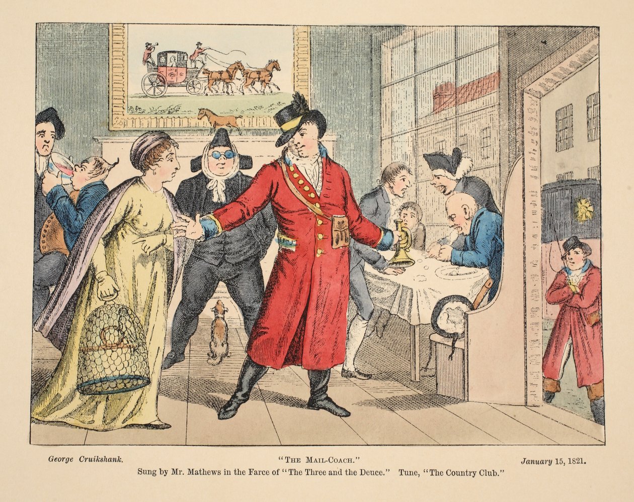 O Correio-Treinador, cantado pelo Sr. Mathews na Farsa dos Três e no Deuce. Tune, o Country Club, pub. 1821 (gravura colorida à mão) de George Cruikshank