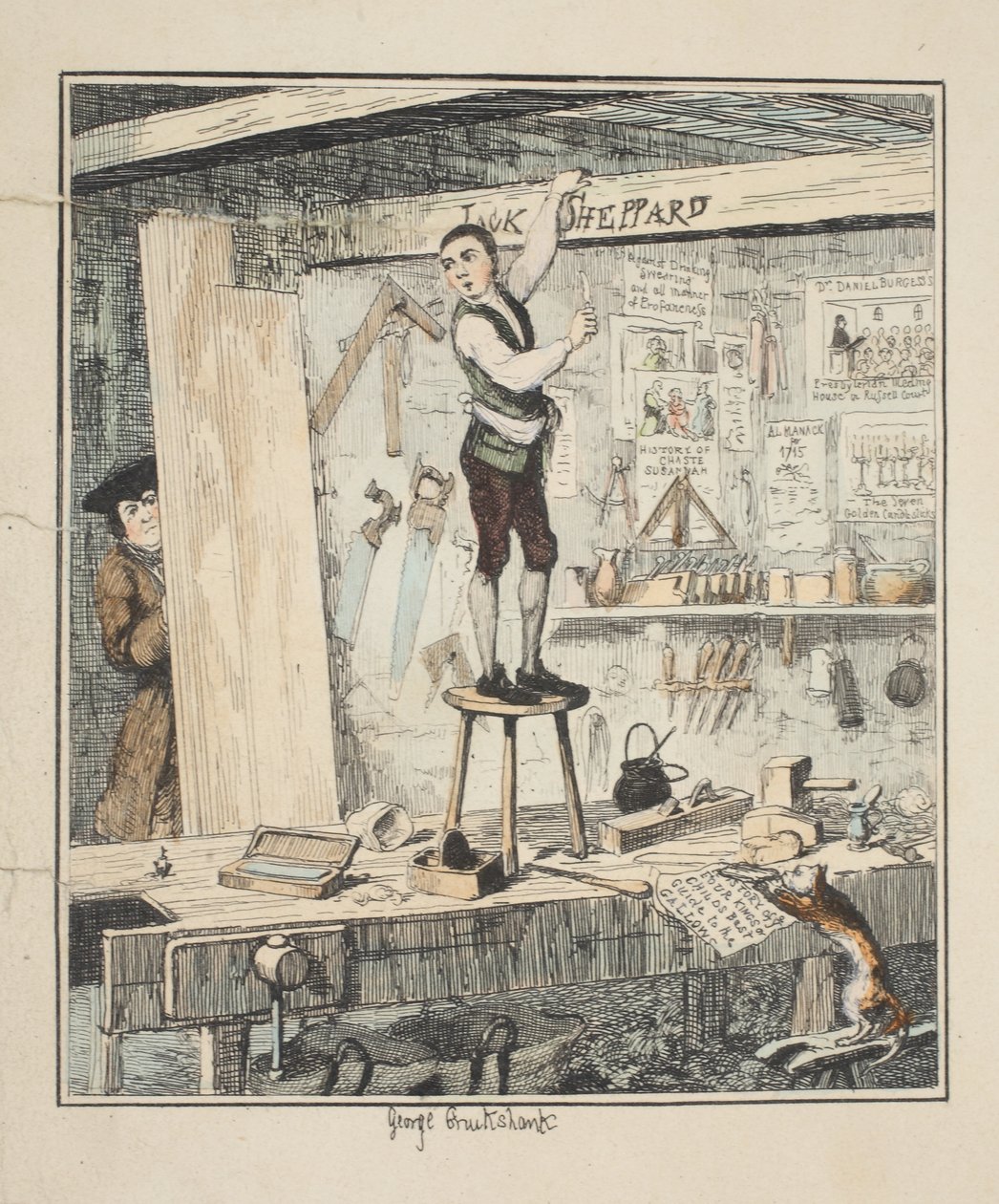 O nome na viga, ilustração de Jack Sheppard: um romance por William Harrison Ainsworth, publicado em 1839 (gravura colorida à mão) de George Cruikshank
