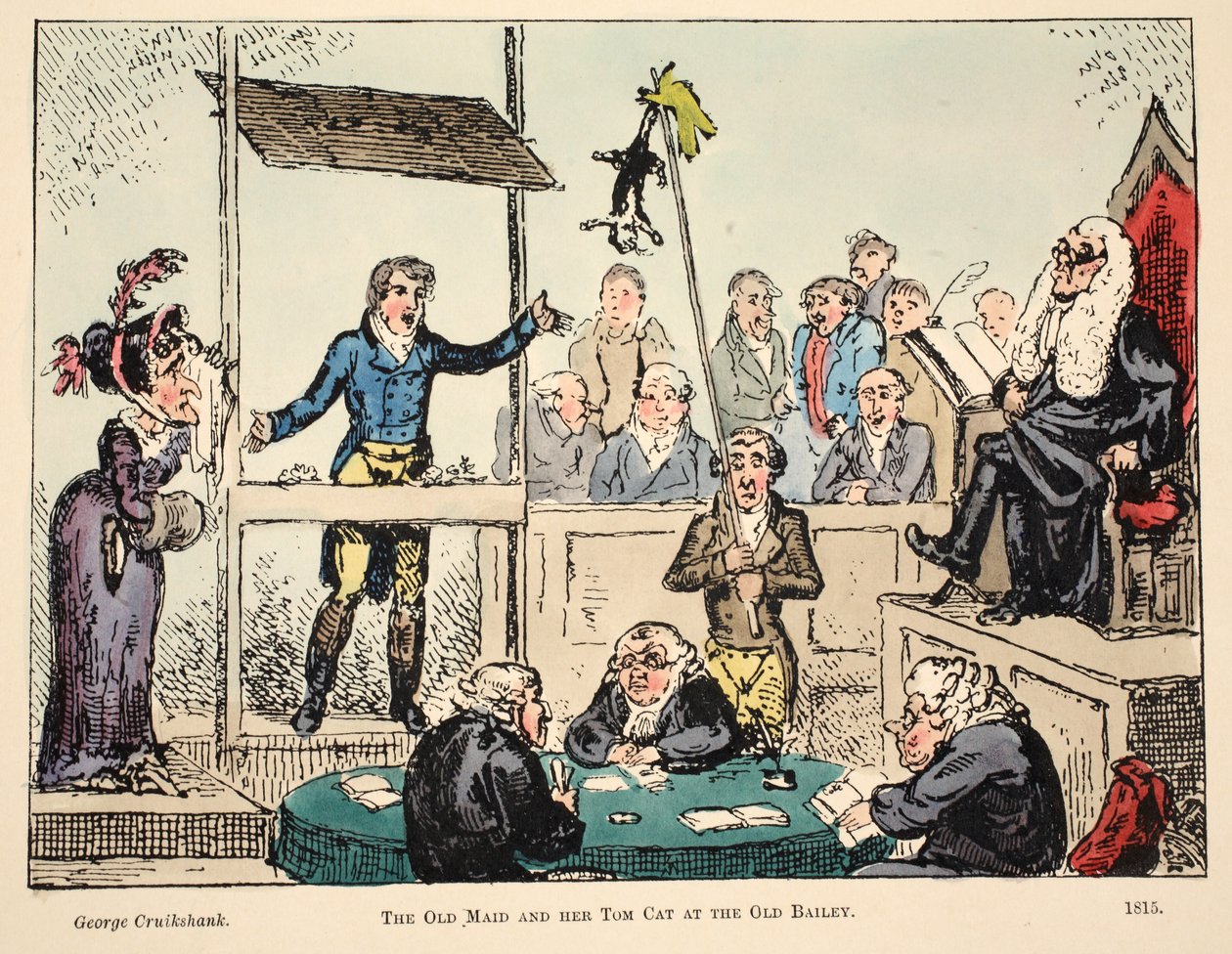 The Old Maid e seu gato Tom no Old Bailey, pub. 1815 (gravura colorida à mão) de George Cruikshank