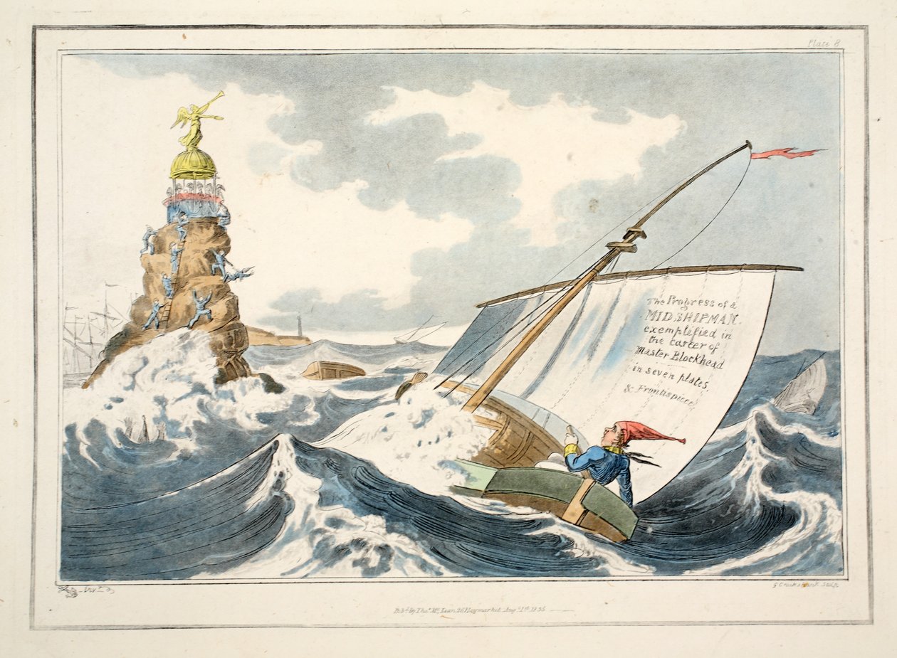 O progresso de um aspirante exemplificado na carreira de Master Blockhead em sete chapas e frontispício, 1835 (gravura colorida à mão) de George Cruikshank