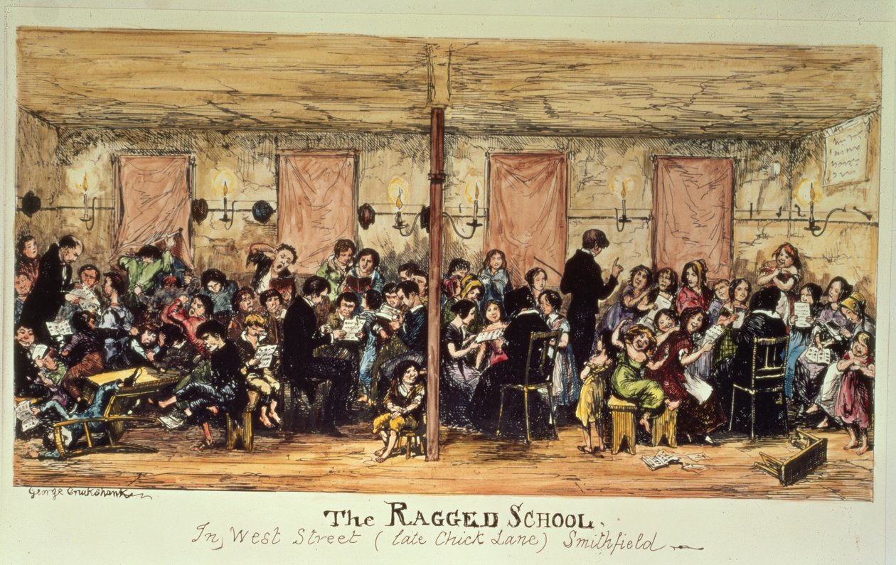 A Escola Ragged, West Street (anteriormente Chick Lane), Smithfield (impressão) de George Cruikshank