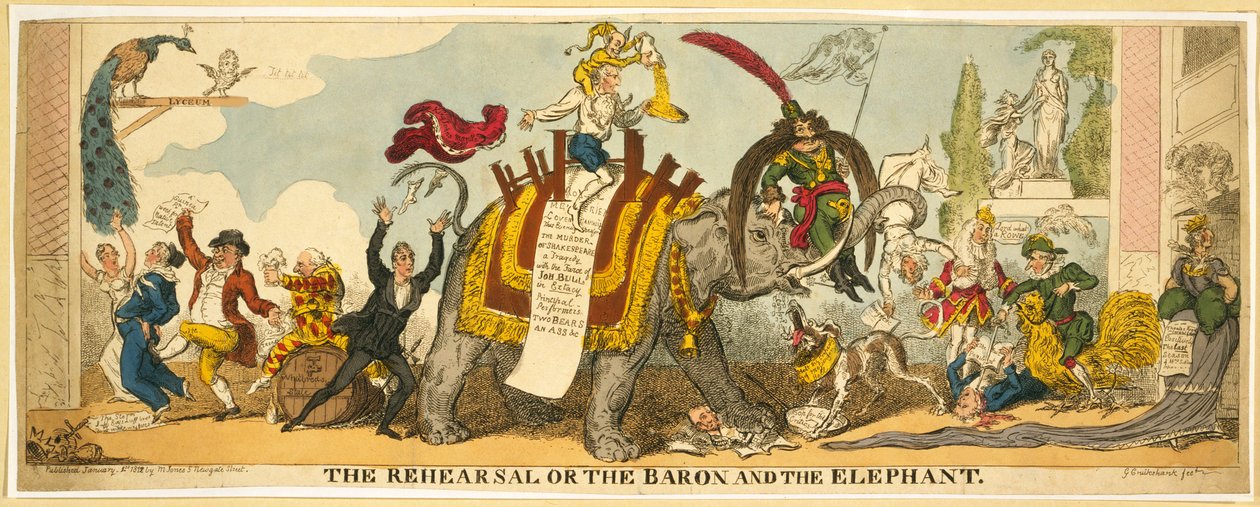 O Ensaio ou o Barão e o Elefante, bar. 1812 (gravura colorida à mão) de George Cruikshank