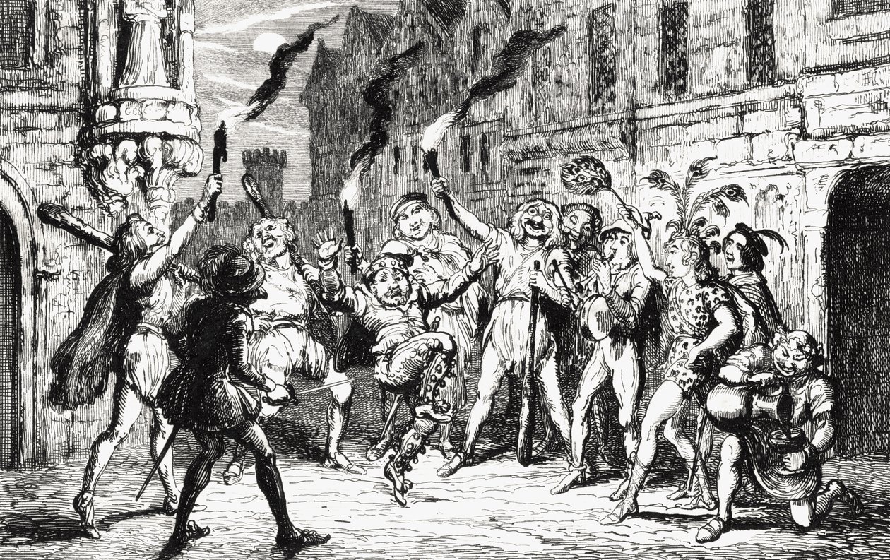 Os foliões, ilustração de &39;The Fair Maid of Perth&39; por Sir Walter Scott (1771-1832) publicou 1845 de George Cruikshank