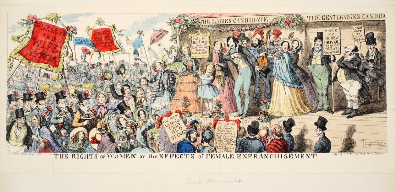 Os direitos das mulheres, ou os efeitos do feminismo, pub. 1853 (gravura colorida à mão) de George Cruikshank