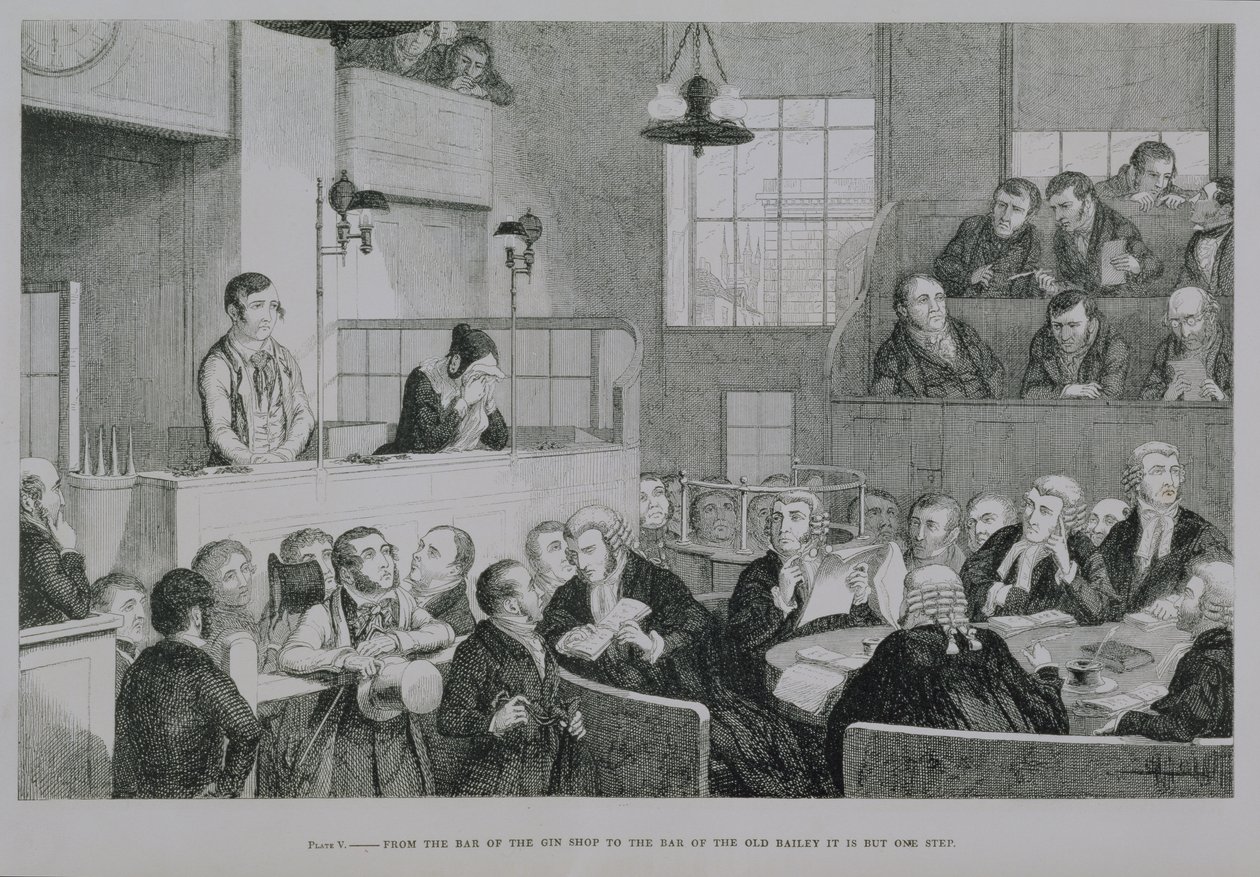 O Julgamento no Old Bailey, prato 5 de &39;The Bêbado&39;s Children&39;, 1848 de George Cruikshank