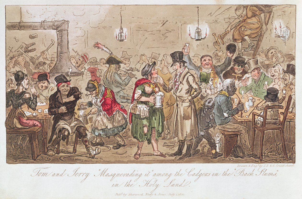Tom e Jerry &39;Masking It&39; Entre os Cadgers nas &39;Back Slums&39; na Terra Santa, de &39;Life in London&39; de Pierce Egan (1772-1849), publicado por Sherwood, Neely und Jones, 1821 (gravura a cores) de George Cruikshank