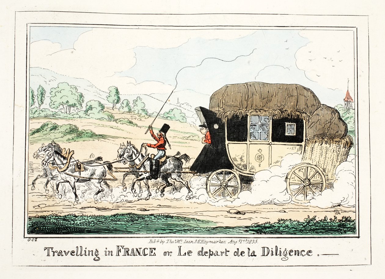 Viajando na França ou Le Depart de la Diligence, 1835 (gravura colorida à mão) de George Cruikshank