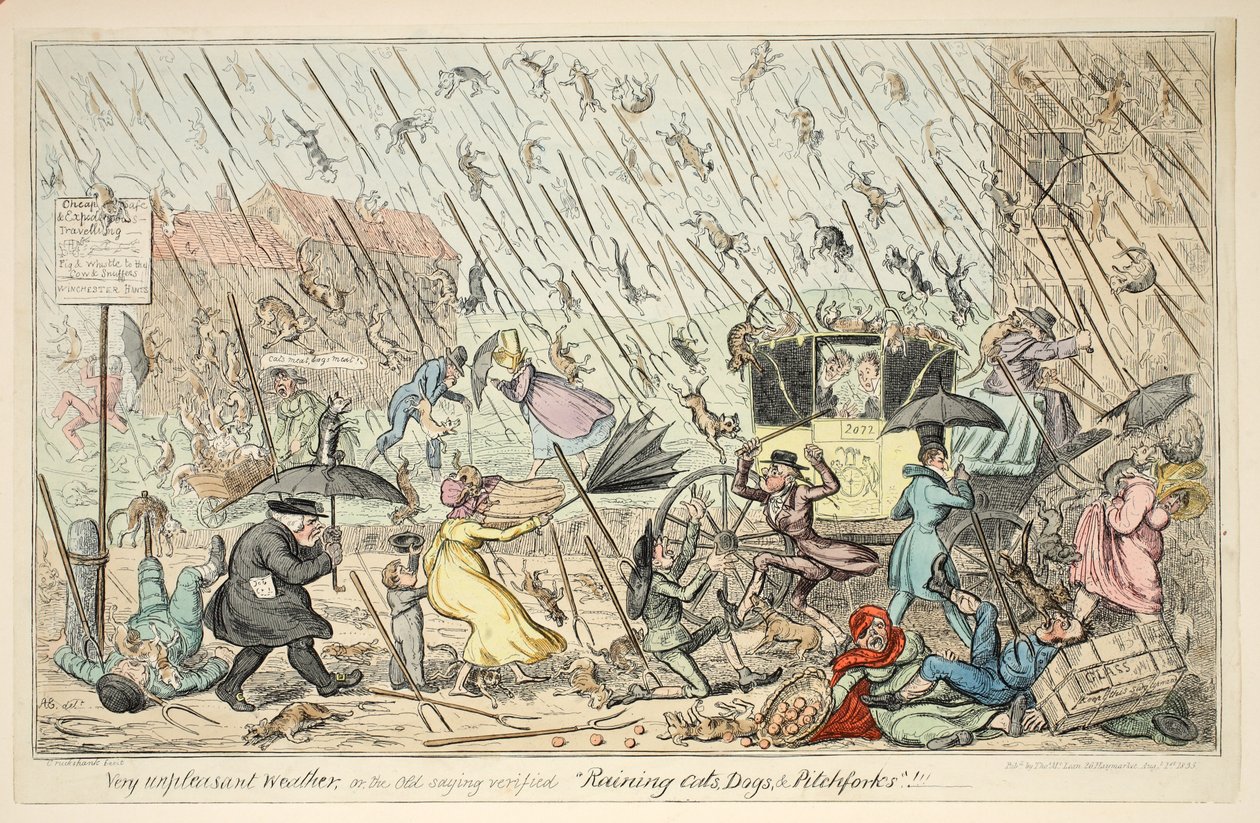Tempo muito desagradável ou o velho ditado verificado "chovendo gatos, cães e forcados", publicado por Thomas McLean, 26 Haymarket, 1 de agosto de 1835 (gravura colorida à mão) de George Cruikshank