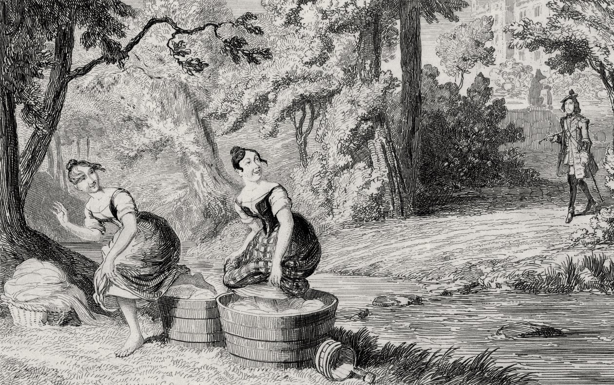 Washerwomen perturbado por Waverley, ilustração de &39;Waverley&39; por Sir Walter Scott (1771-1832) publicado em 1842 de George Cruikshank