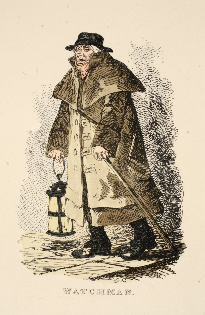 Watchman da revista The Gentlemans Pocket, pub. 1827 (gravura colorida à mão) de George Cruikshank