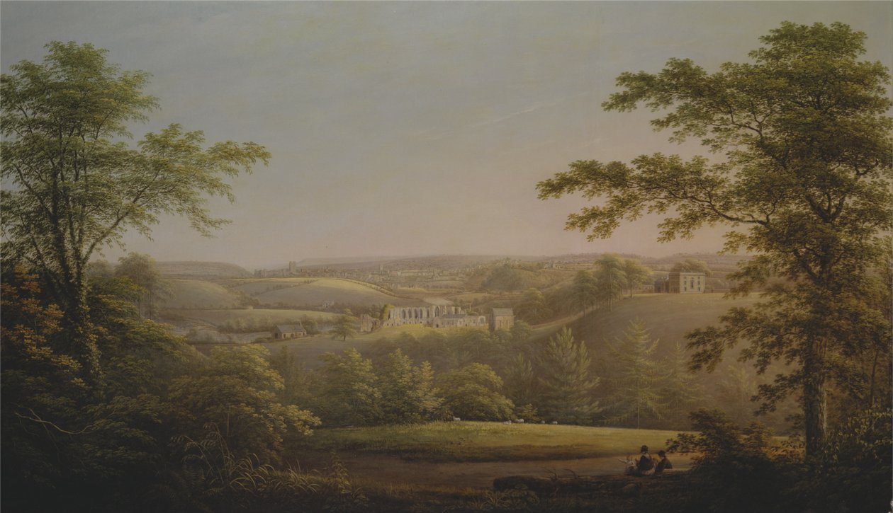 Easby Hall e Easby Abbey com Richmond, Yorkshire em segundo plano de George Cuitt