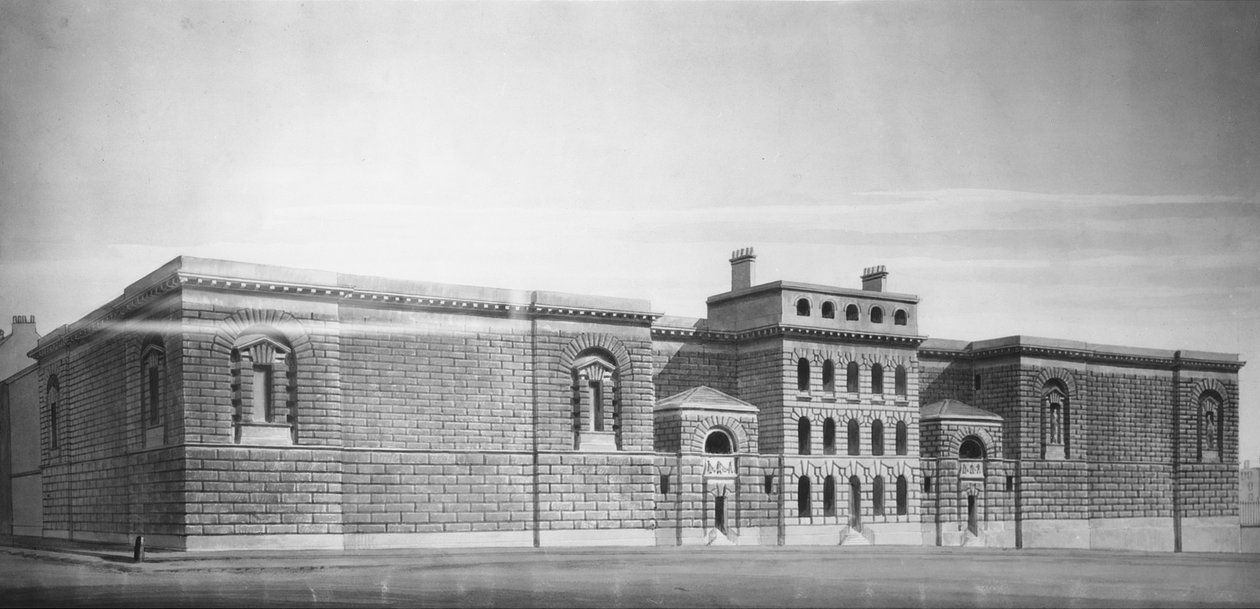 Newgate Gaol: Elevação, desenho (bw negativo) de George Dance