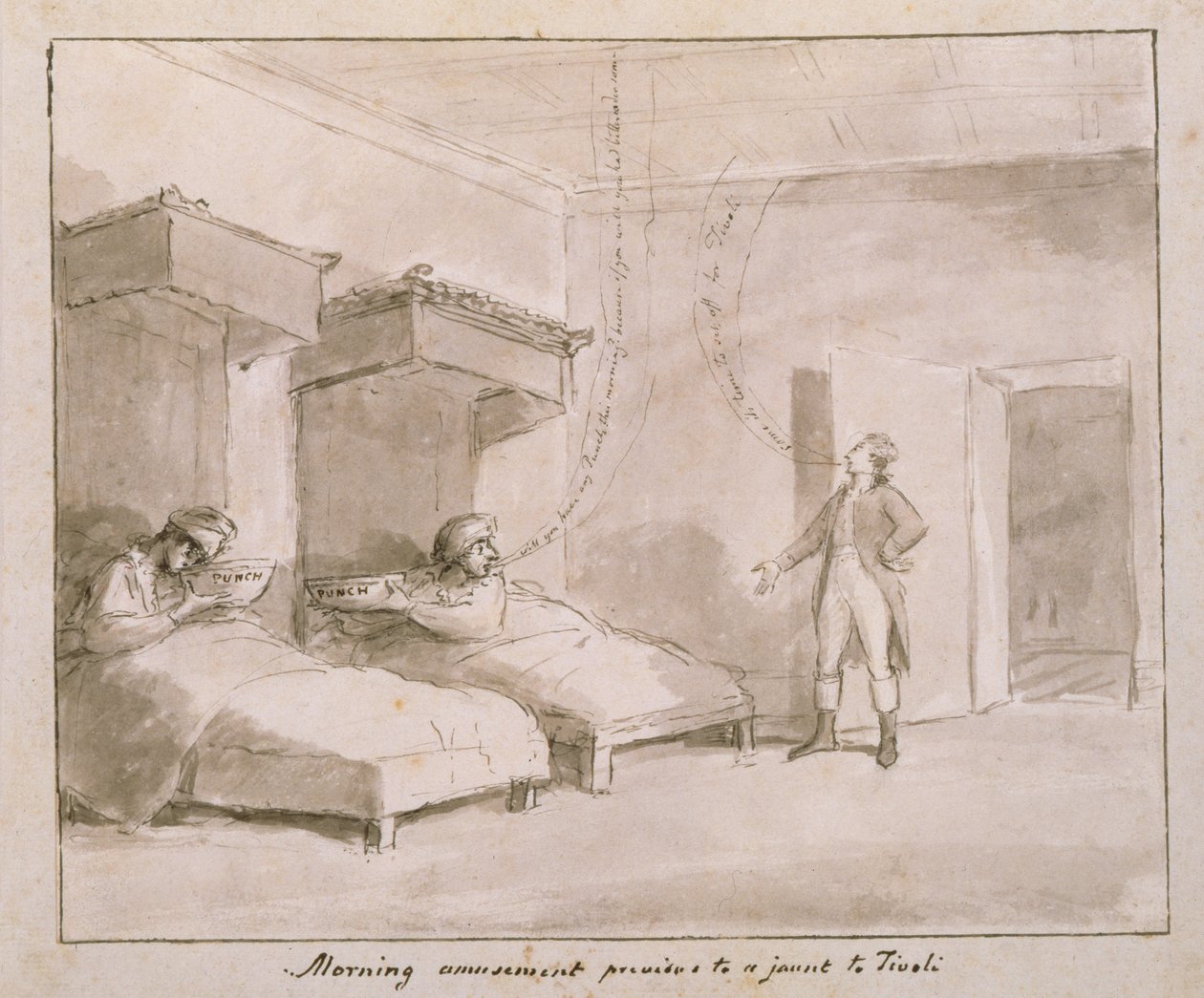 No.889-6 diversões matutinas antes de uma viagem para Tivoli (caneta e lavar, lápis) de George Dance