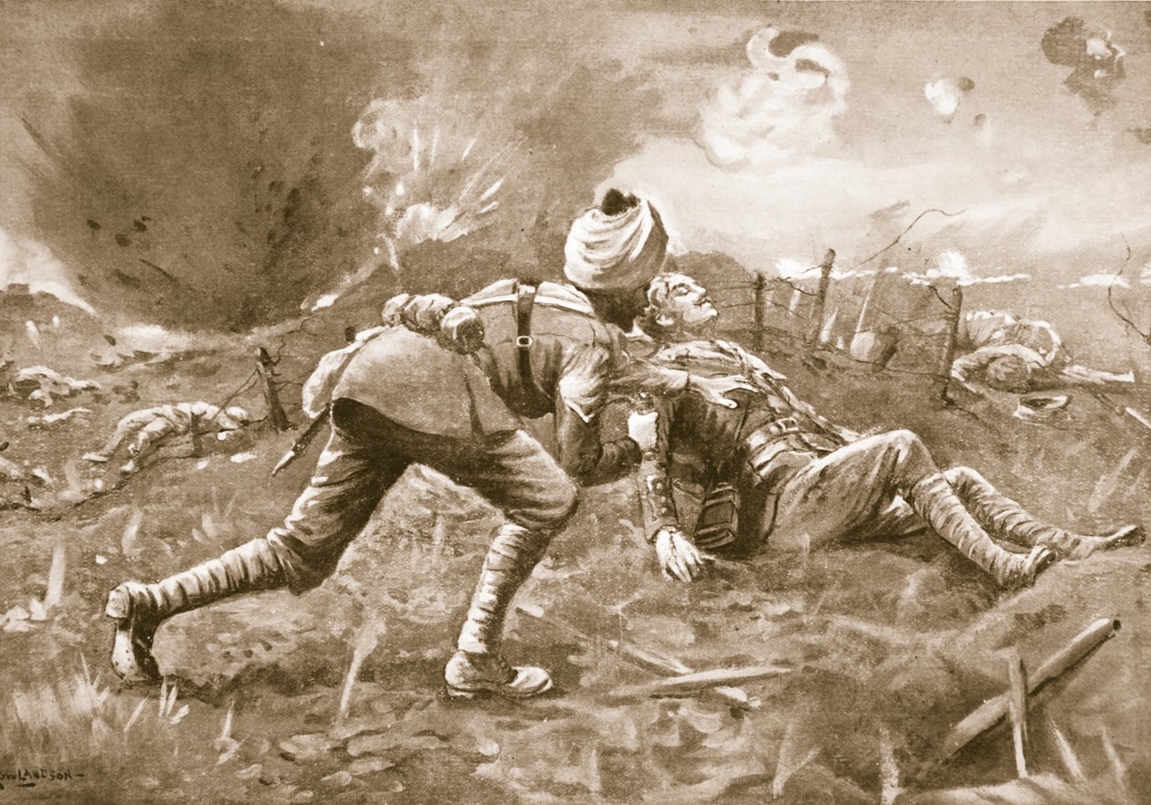 Lance-Naik Lala arrasta um oficial ferido, que ele encontrou deitado perto do inimigo, para um abrigo e lá ataduras suas feridas de George Derville Rowlandson