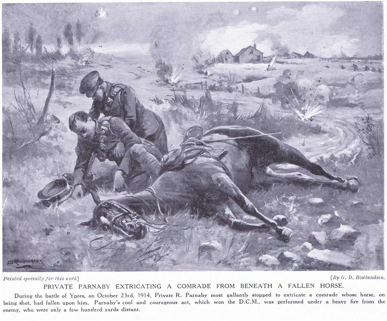 Private Parnaby premiou DCM por extrair um camarada de debaixo de um cavalo caído sob fogo pesado. Outubro de 1914 de George Derville Rowlandson
