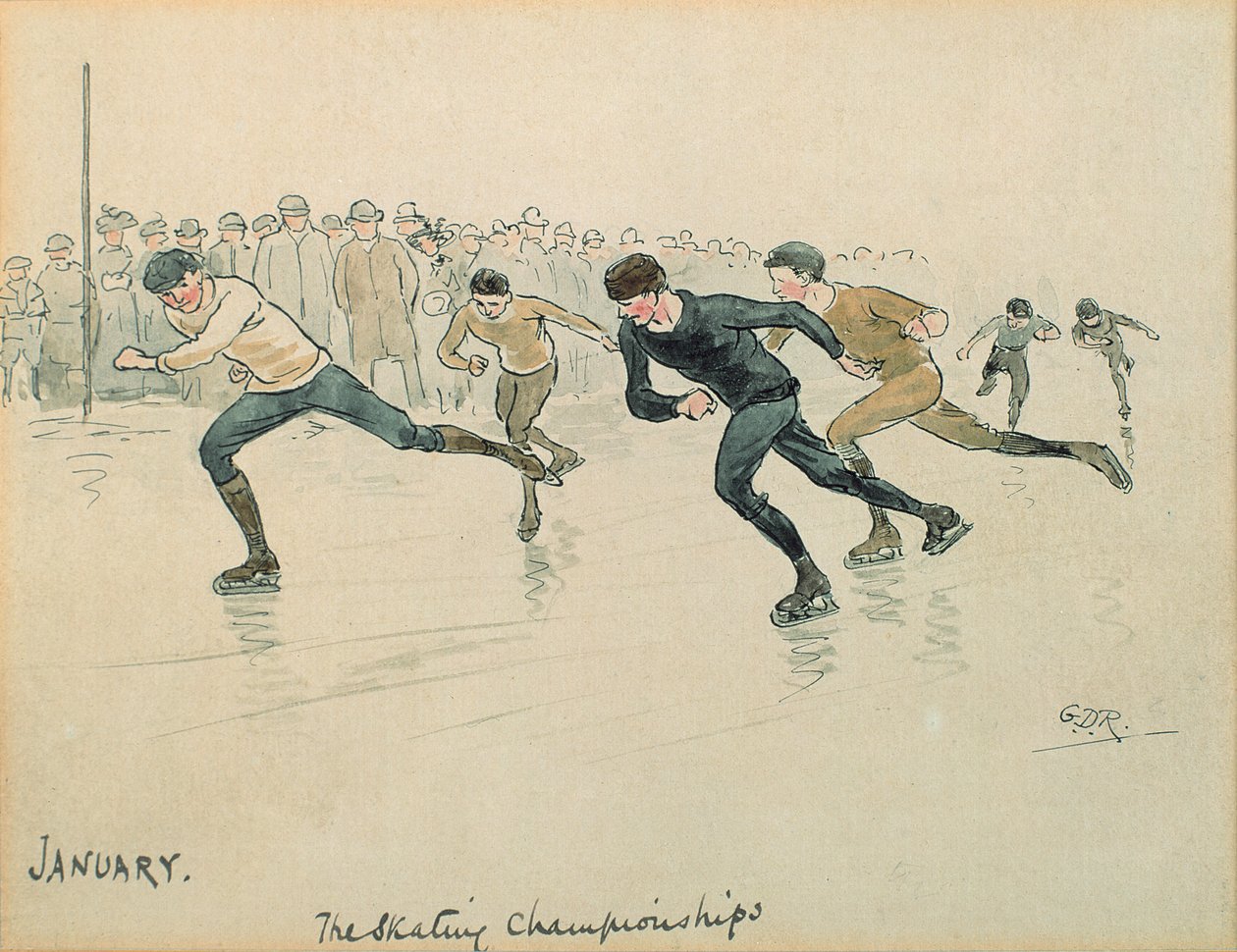 O mês de janeiro: Patinação no gelo (caneta e tinta no papel) de George Derville Rowlandson