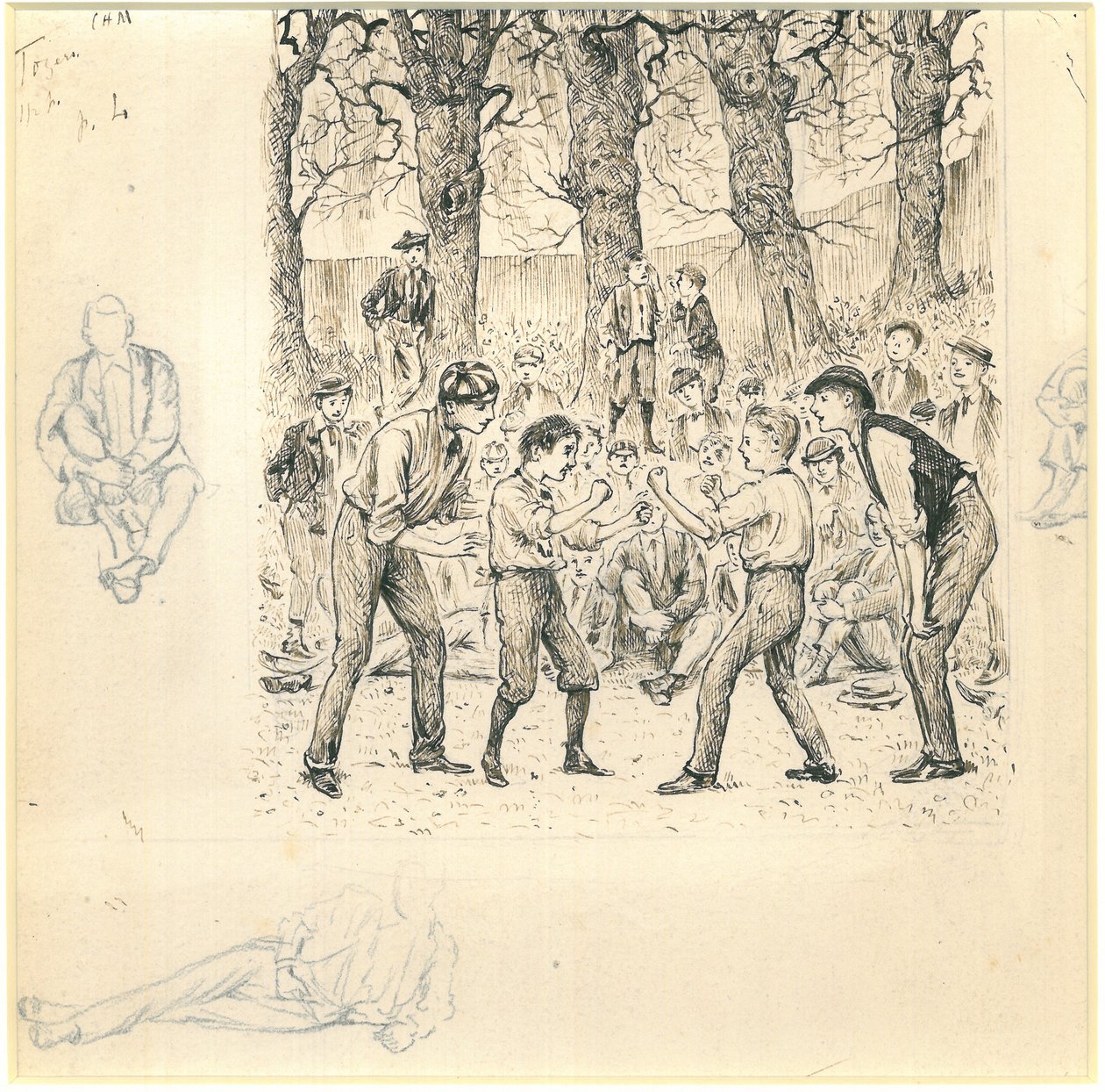 Meninos da escola lutando (caneta e tinta com lápis sobre papel) de George du Maurier