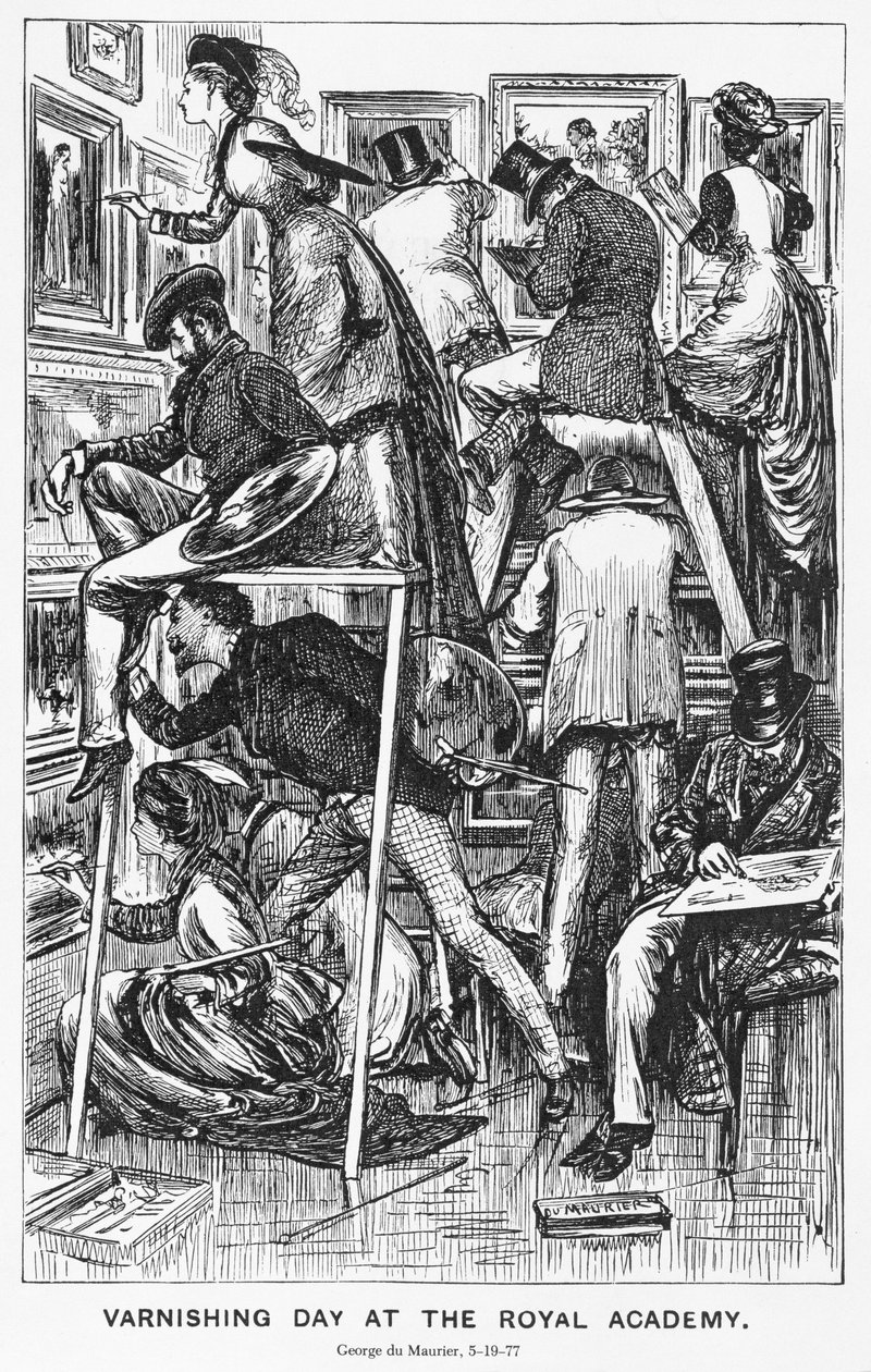 Envernizar dia na Royal Academy, ilustração para &39;Punch&39;, 19 de junho de 1877 de George du Maurier