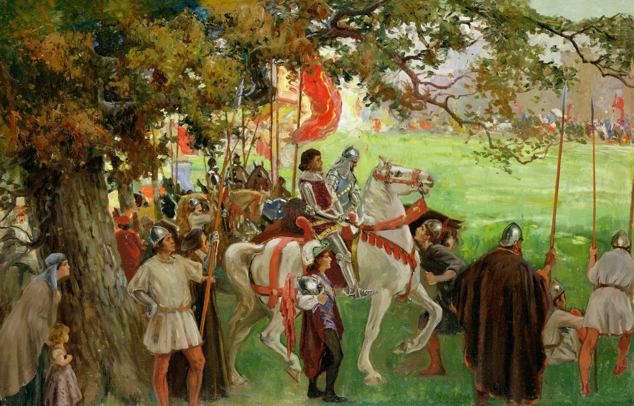 Knights Assembling, de &39;Sir Nigel e a Companhia Branca&39;, de Sir Arthur Conan Doyle (1859-1930) (óleo sobre tela estipulado a bordo) (ver também 141515) de George Edmund Butler