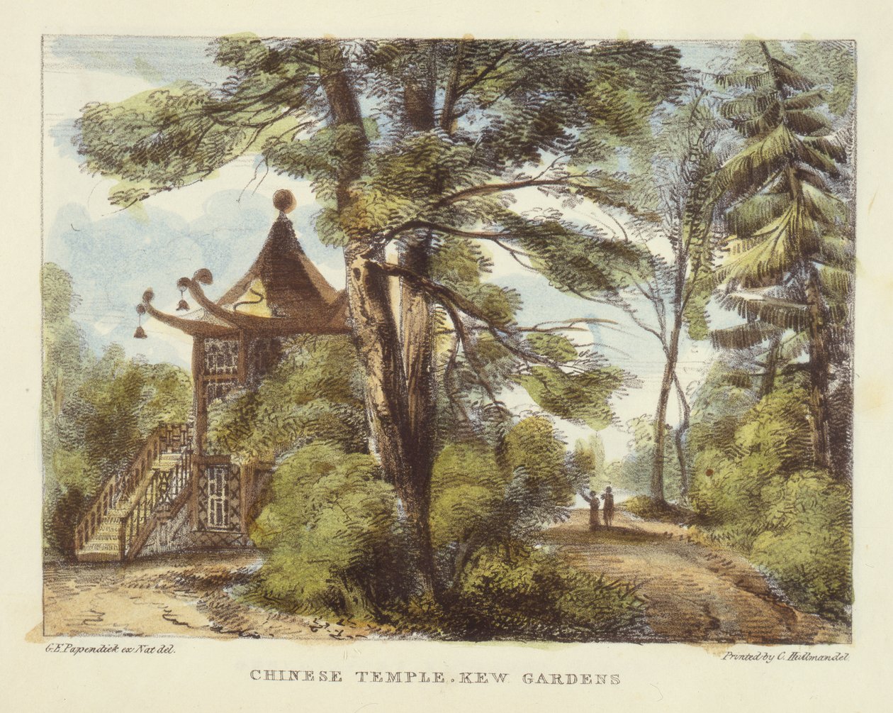 Templo Chinês, Kew Gardens, prato 13 de &39;Kew Gardens: Uma Série de Vinte e Quatro Desenhos sobre Pedra&39;, gravado por Charles Hullmandel (1789-1850) publicado em 1820 (litografia colorida à mão) de George Ernest Papendiek