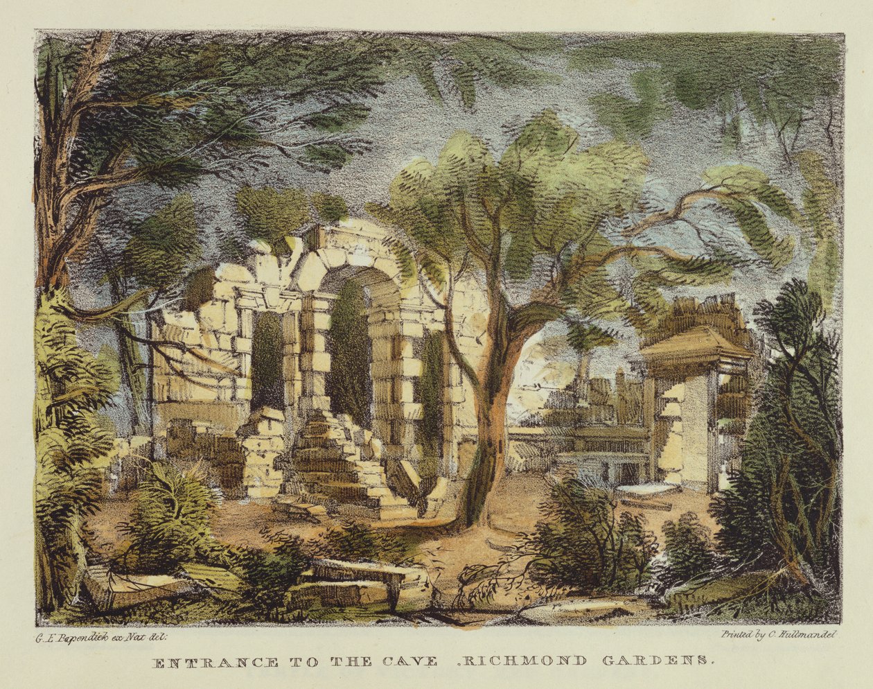 Entrada para a caverna, Richmond Gardens, placa 18 de &39;Kew Gardens: uma série de vinte e quatro desenhos em pedra&39;, gravada por Charles Hullmandel (1789-1850) publicado em 1820 (litografia colorida à mão) de George Ernest Papendiek