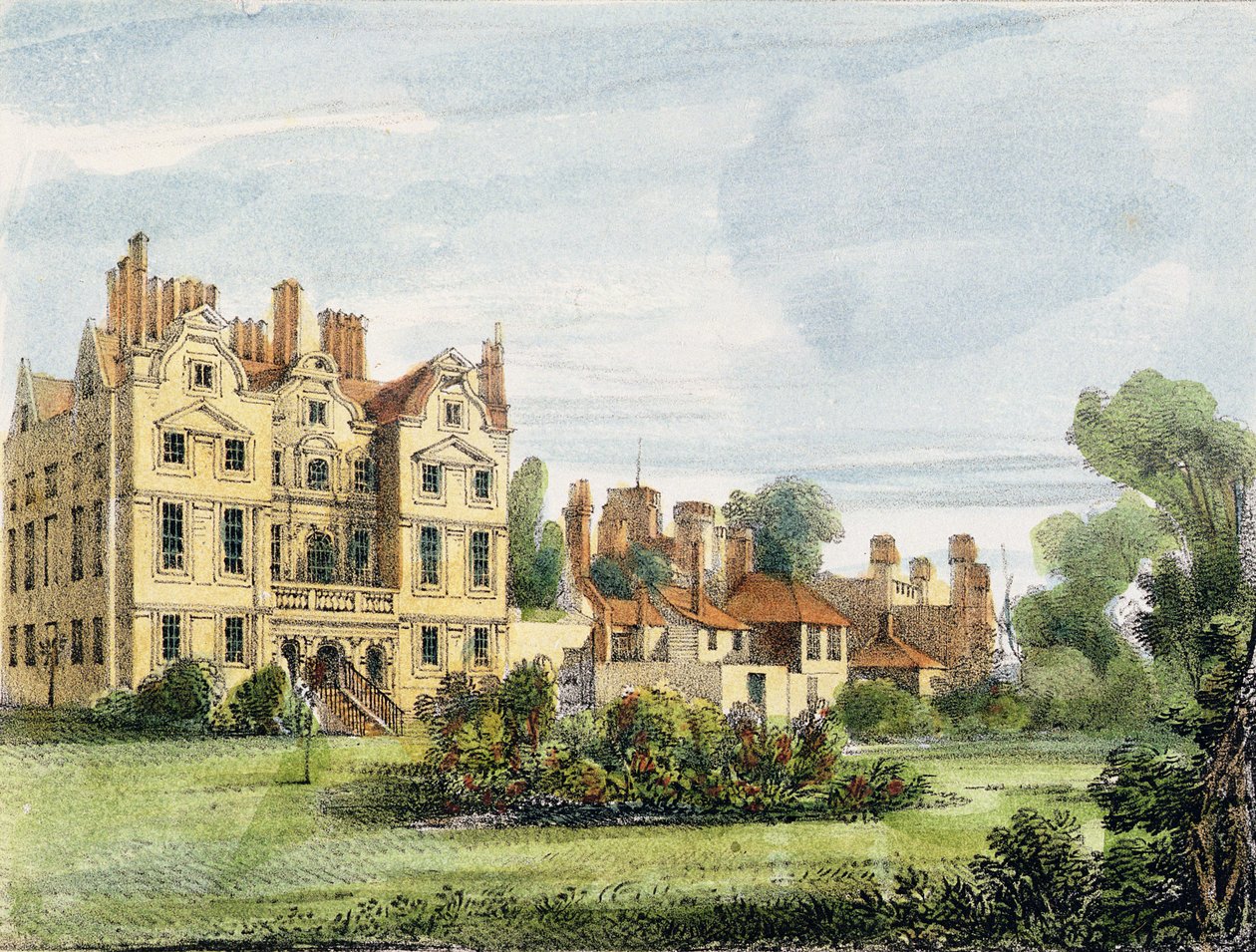 Frente Norte, Antigo Palácio, do Jardim da Rainha, prato 5 de &39;Kew Gardens: Uma Série de Vinte e Quatro Desenhos sobre Pedra&39;, gravado por Charles Hullmandel (1789-1850) publicado em 1820 (litografia colorida à mão) de George Ernest Papendiek