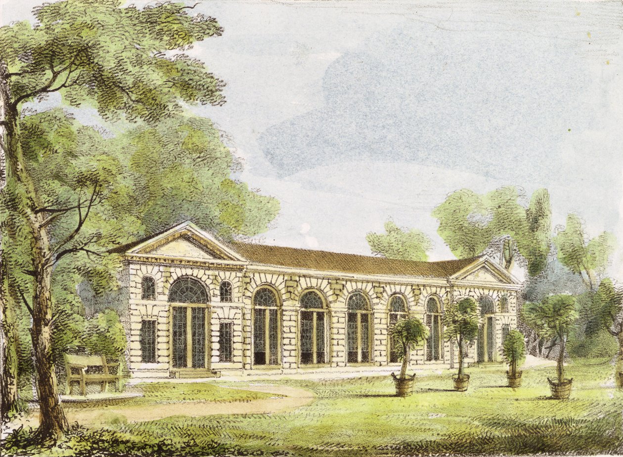 Orangery, Kew Gardens, placa 11 de &39;Kew Gardens: Uma série de vinte e quatro desenhos sobre pedra&39;, gravada por Charles Hullmandel (1789-1850) publicou 1820 (litho colorido à mão) de George Ernest Papendiek