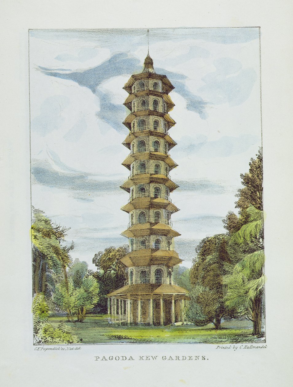 Pagode, Kew Gardens, placa 9 de &39;Kew Gardens: Uma série de vinte e quatro desenhos sobre pedra&39;, gravada por Charles Hullmandel (1789-1850), publicada em 1820 (litografia colorida à mão) de George Ernest Papendiek