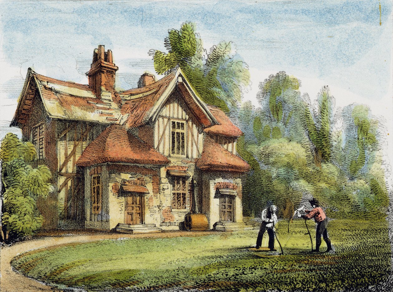 Queen&39;s Cottage, Richmond Gardens, prato 17 de &39;Kew Gardens: Uma série de vinte e quatro desenhos sobre pedra&39;, gravado por Charles Hullmandel (1789-1850) publicado em 1820 (litografia colorida à mão) de George Ernest Papendiek