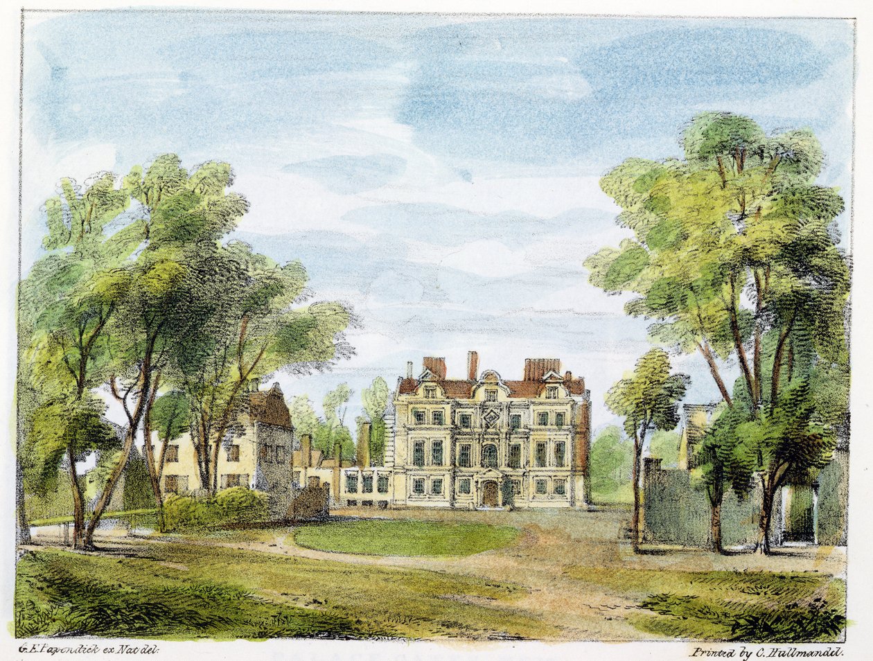 Frente Sul, Palácio Velho, Kew Gardens, prato 2 de &39;Kew Gardens: Uma Série de Vinte e Quatro Desenhos sobre Pedra&39;, gravado por Charles Hullmandel (1789-1850) publicado em 1820 (litografia colorida à mão) de George Ernest Papendiek