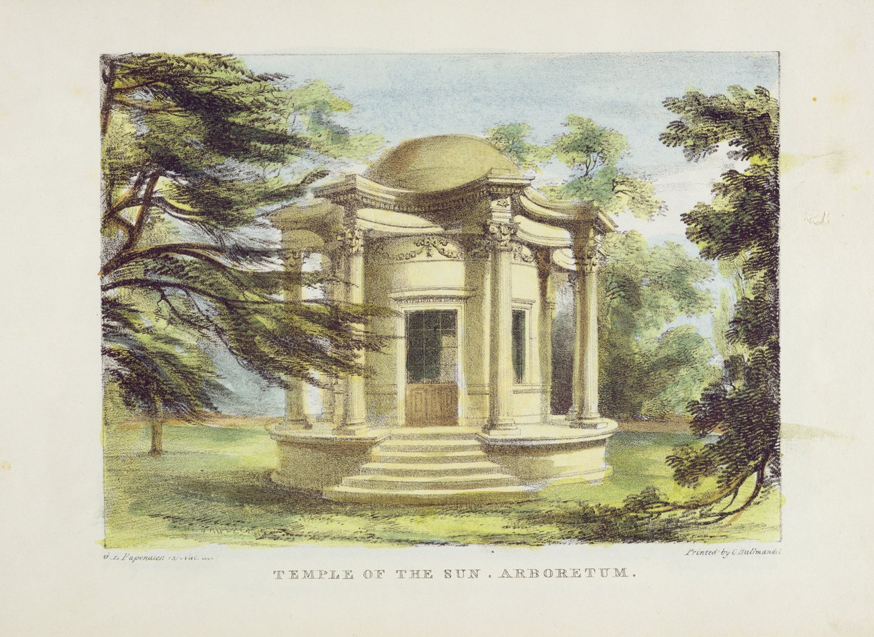 Templo da Vitória, Kew Gardens, prato 19 de &39;Kew Gardens: uma série de vinte e quatro desenhos sobre pedra&39;, gravado por Charles Hullmandel (1789-1850) publicado em 1820 (litografia colorida à mão) de George Ernest Papendiek