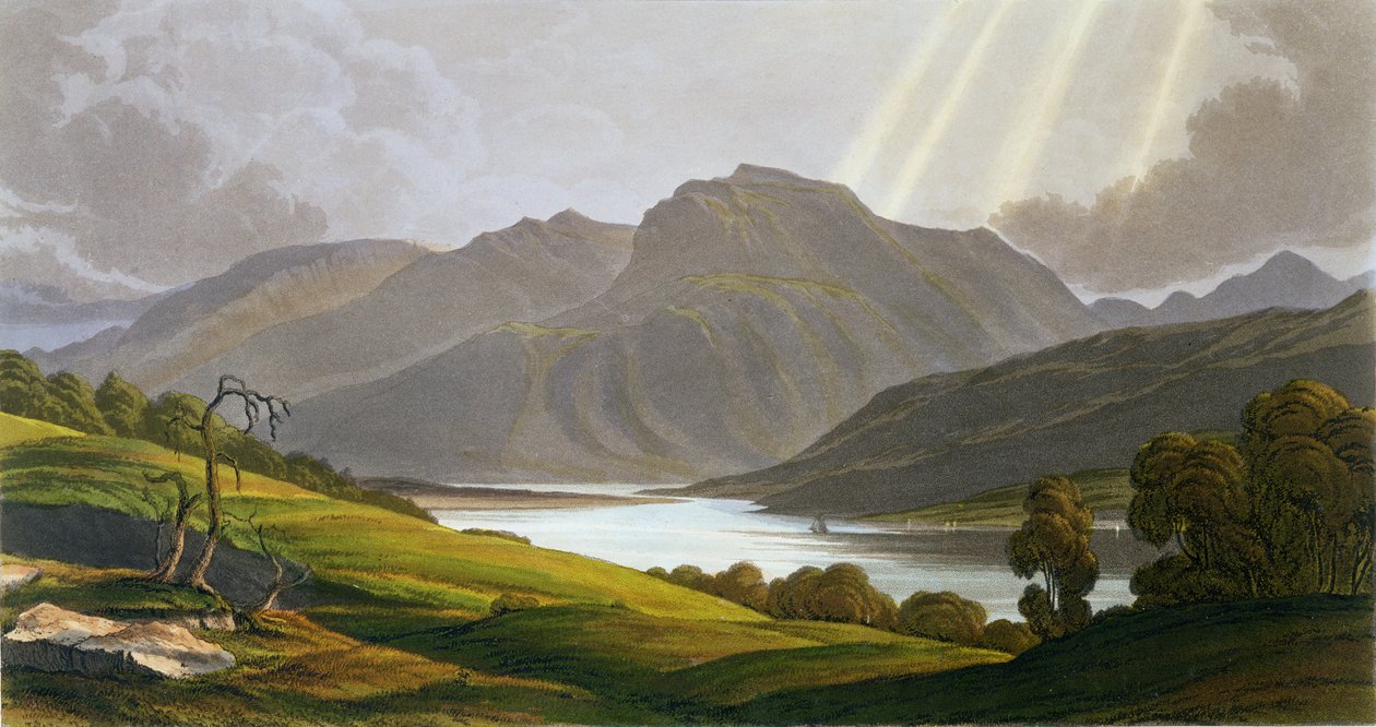 Ben Nevis, prato XII de &39;Scenery of the Grampian Mountains&39;, exibido em 1811, publicado em 1819 (gravura colorida à mão) de George Fennel Robson