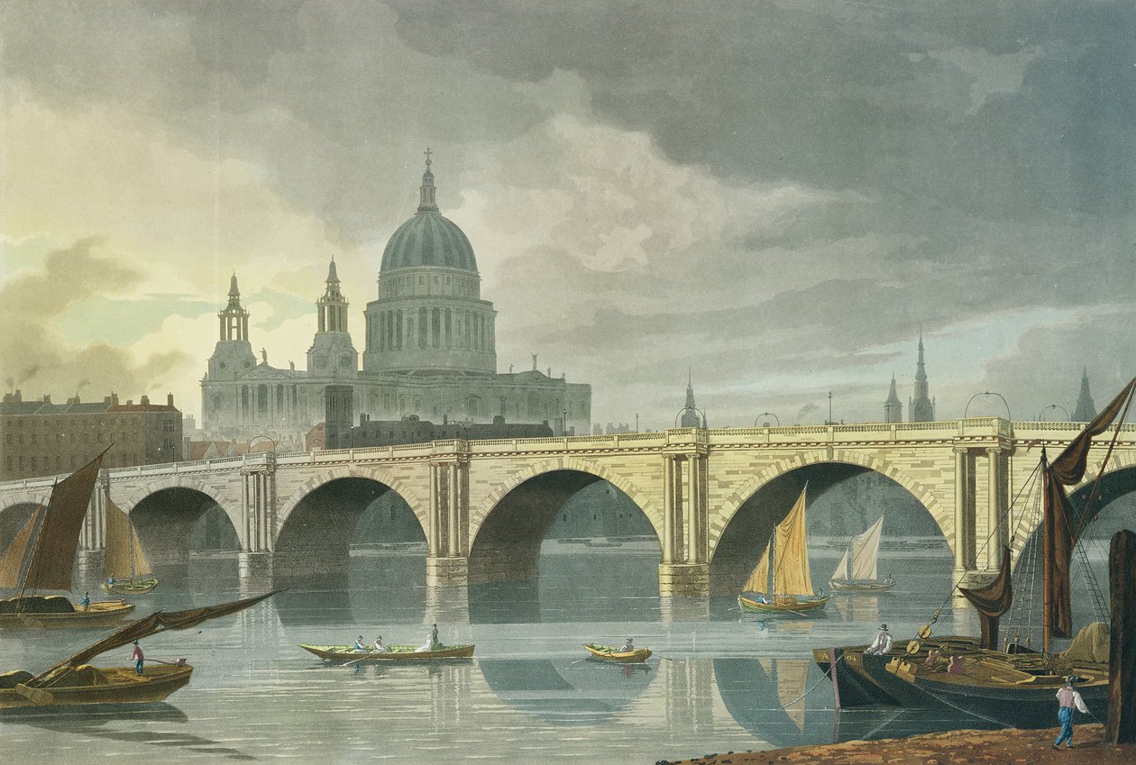 Oeste sul, vista, de, st pauls, catedral, e, Blackfriars, ponte, 1810, (color, engraving) de George Fennel Robson